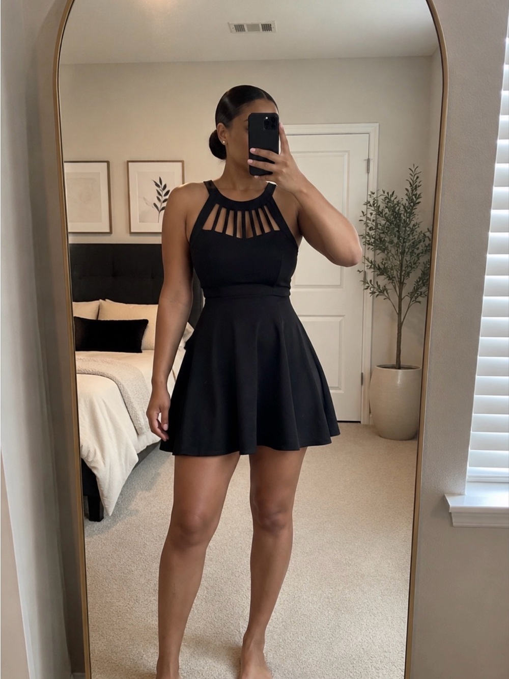 Black Strappy Yoke Fit & Flare Mini Dress